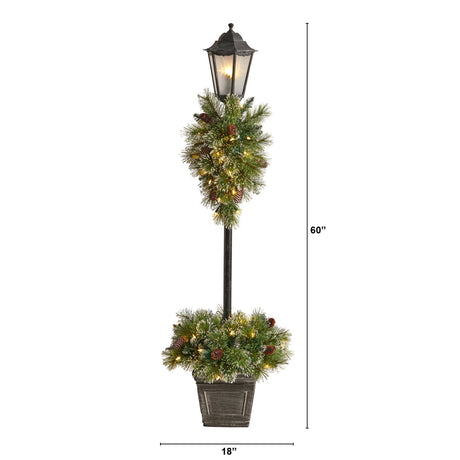 5’ Holiday Pre-lit Decorated Lamp Post with Artificial Greenery, Decorative Container & 50 LED Lights-Parc Decor