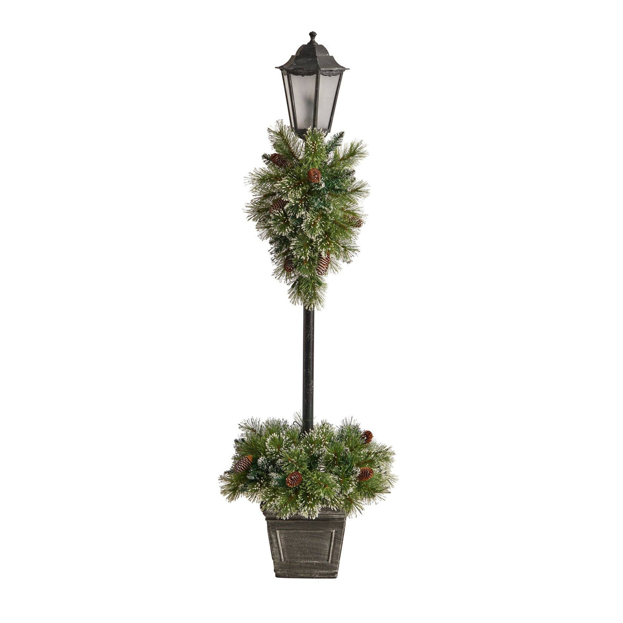 5’ Holiday Pre-lit Decorated Lamp Post with Artificial Greenery, Decorative Container & 50 LED Lights-Parc Decor