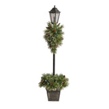 5’ Holiday Pre-lit Decorated Lamp Post with Artificial Greenery, Decorative Container & 50 LED Lights-Parc Decor