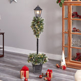 5’ Holiday Pre-lit Decorated Lamp Post with Artificial Greenery, Decorative Container & 50 LED Lights-Parc Decor