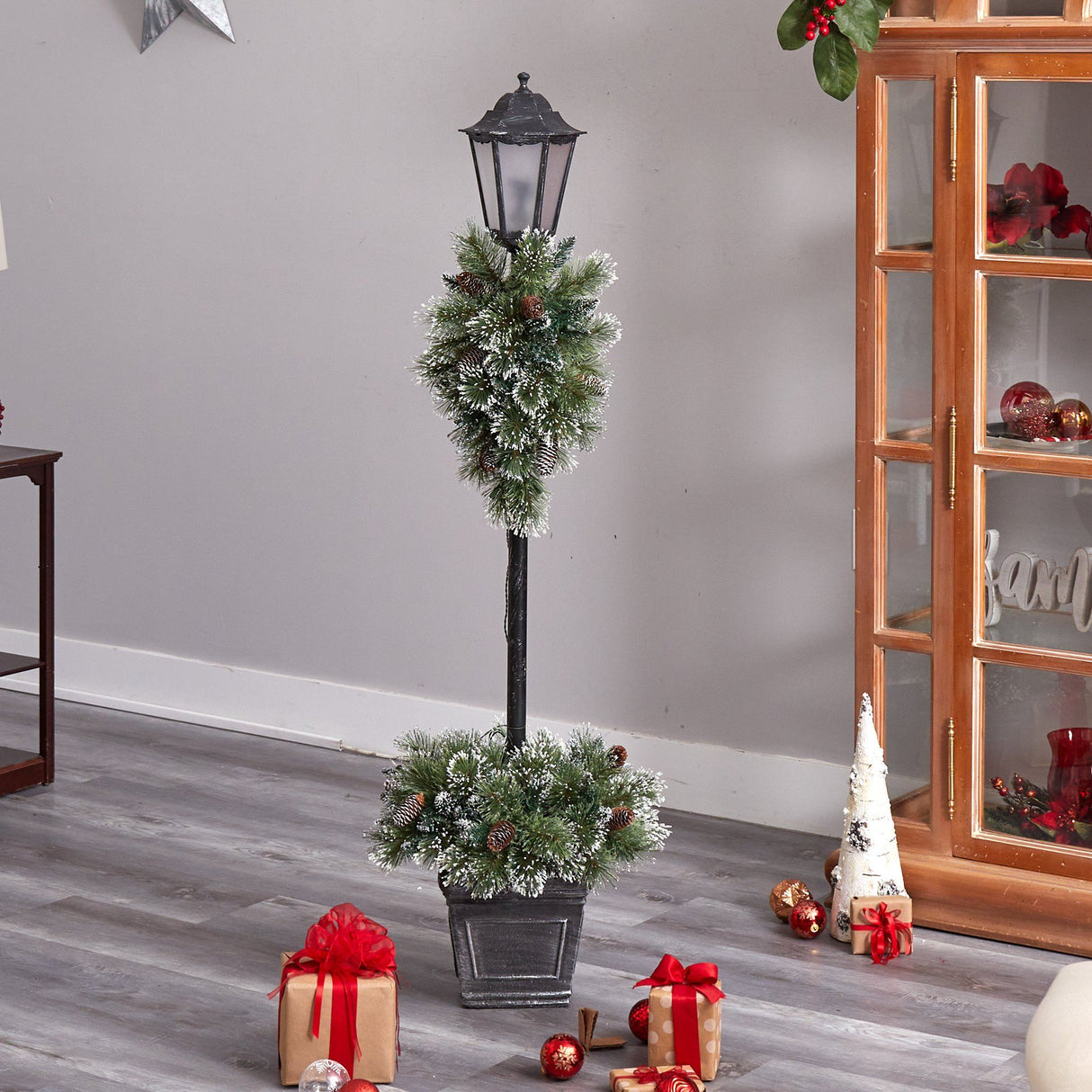 5’ Holiday Pre-lit Decorated Lamp Post with Artificial Greenery, Decorative Container & 50 LED Lights-Parc Decor