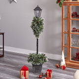 5’ Holiday Pre-lit Decorated Lamp Post with Artificial Greenery, Decorative Container & 50 LED Lights-Parc Decor