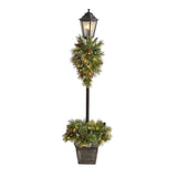5’ Holiday Pre-lit Decorated Lamp Post with Artificial Greenery, Decorative Container & 50 LED Lights-Parc Decor