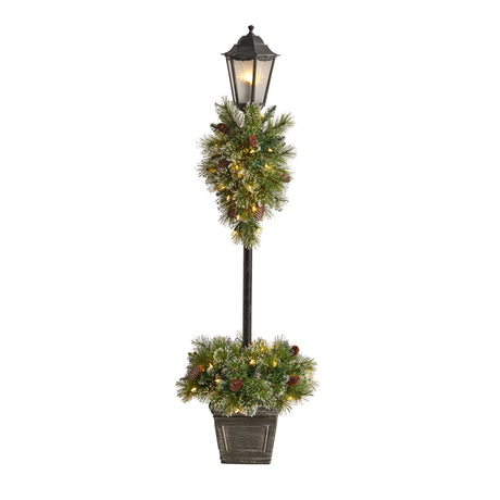 5’ Holiday Pre-lit Decorated Lamp Post with Artificial Greenery, Decorative Container & 50 LED Lights-Parc Decor