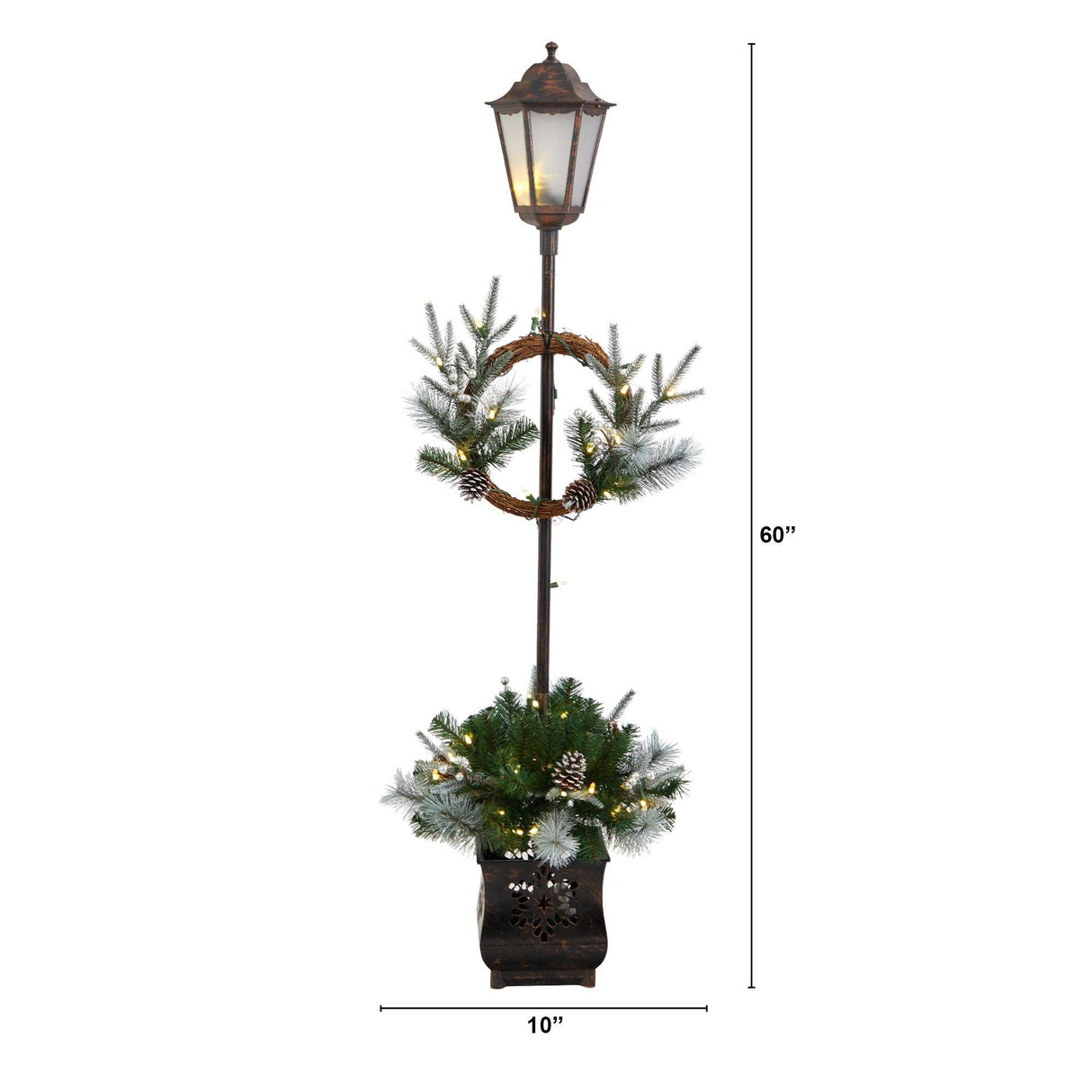 5’ Holiday Pre-lit Decorated Lamp Post with Greenery, Decorative Container and 50 LED Lights-Parc Decor