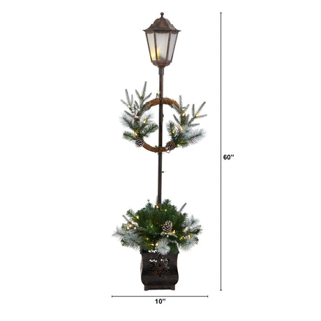 5’ Holiday Pre-lit Decorated Lamp Post with Greenery, Decorative Container and 50 LED Lights-Parc Decor