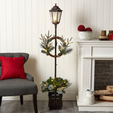 5’ Holiday Pre-lit Decorated Lamp Post with Greenery, Decorative Container and 50 LED Lights-Parc Decor