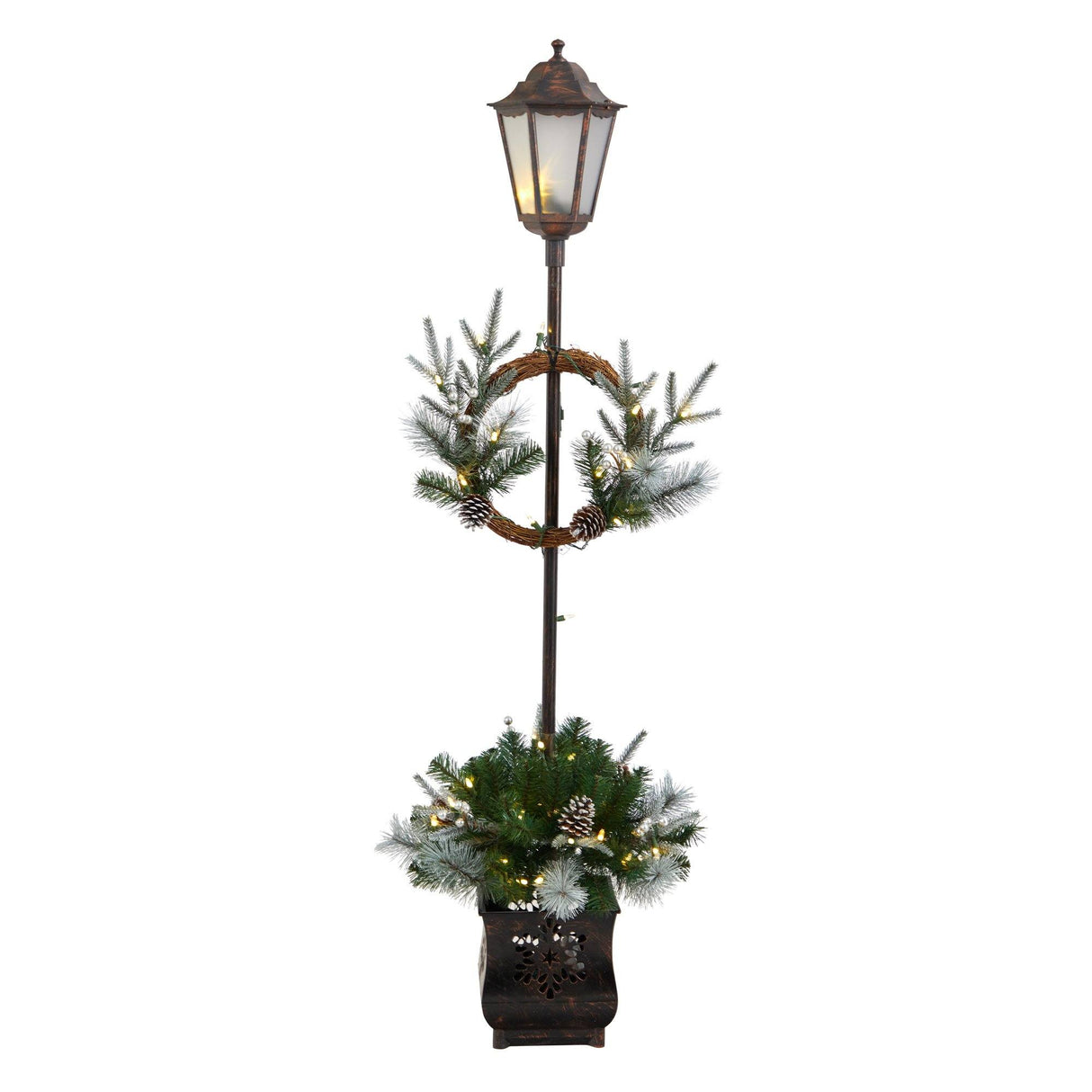 5’ Holiday Pre-lit Decorated Lamp Post with Greenery, Decorative Container and 50 LED Lights-Parc Decor