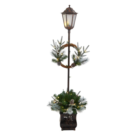 5’ Holiday Pre-lit Decorated Lamp Post with Greenery, Decorative Container and 50 LED Lights-Parc Decor