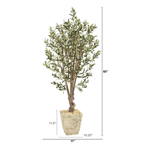 5’ Olive Artificial Tree in Country White Planter-Parc Decor