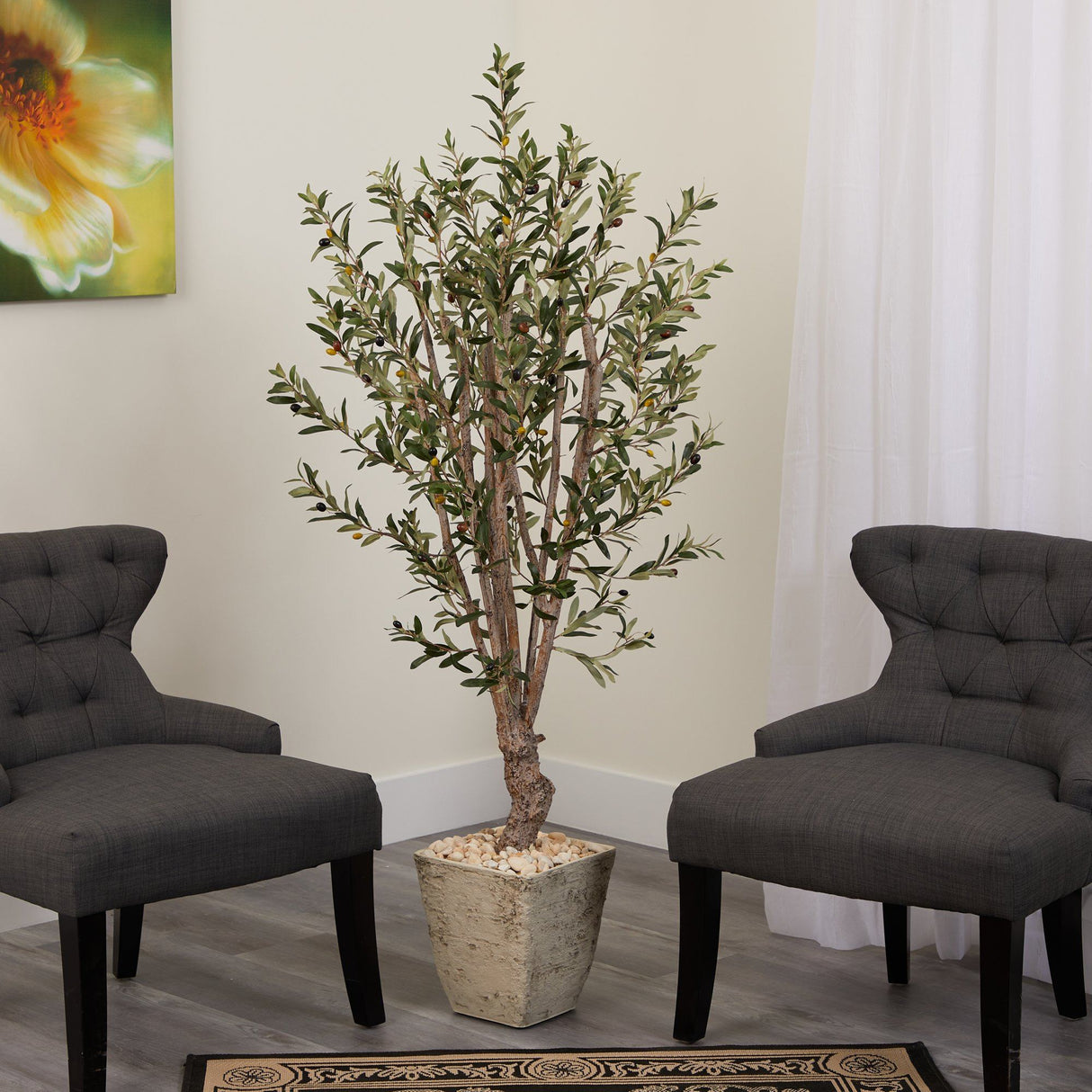 5’ Olive Artificial Tree in Country White Planter-Parc Decor