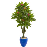 5’ Plumeria Artificial Tree in Decorative Blue Planter (Indoor/Outdoor)-Parc Decor