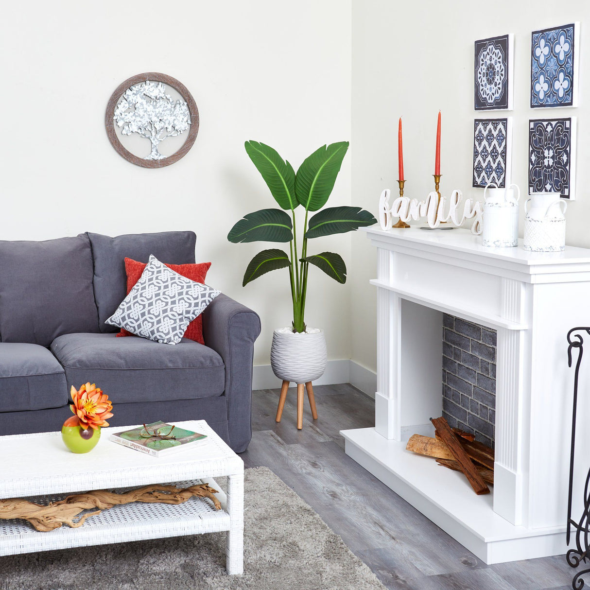 5’ Traveler’s Palm Artificial Plant in White Planter with Stand (Real Touch)-Parc Decor