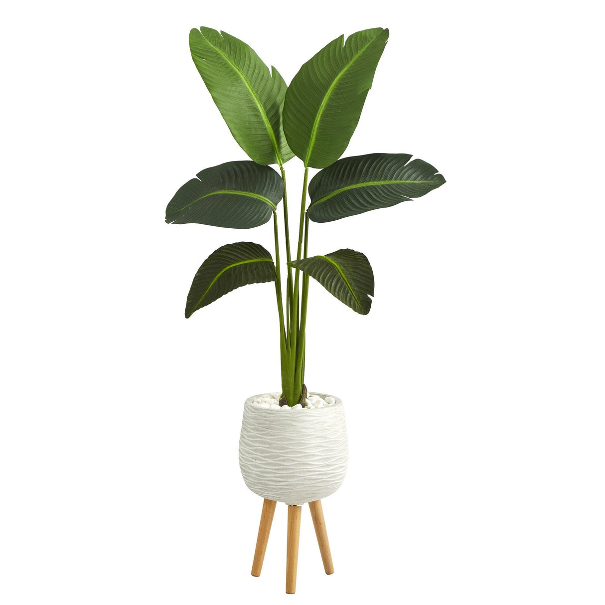 5’ Traveler’s Palm Artificial Plant in White Planter with Stand (Real Touch)-Parc Decor