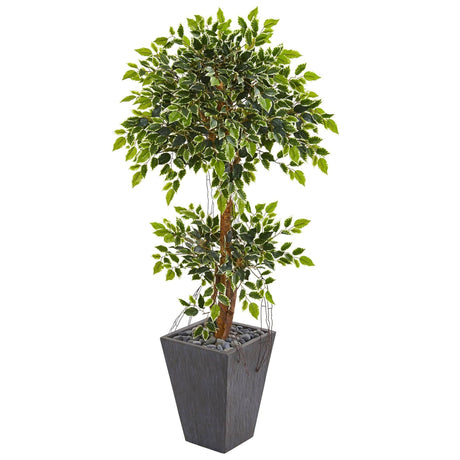 5’ Variegated Ficus Artificial Tree in Slate Planter-Parc Decor