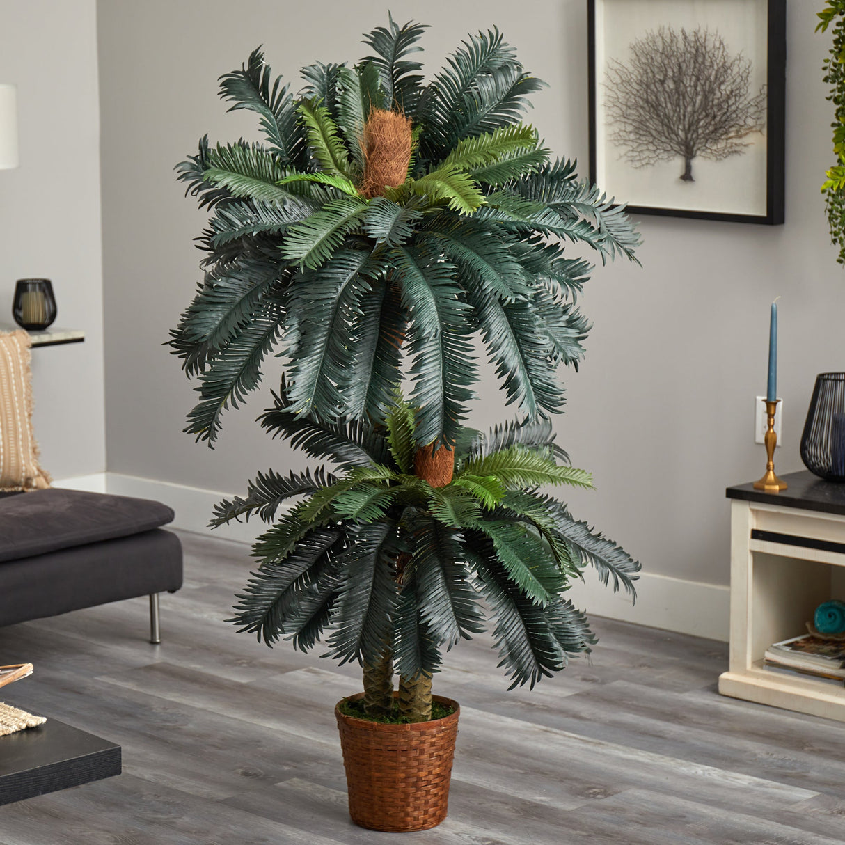 5’ and 3’ Double Sago Palm Artificial Tree with Basket-Parc Decor