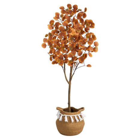 5’ Artificial Autumn Eucalyptus Tree with Handmade Jute & Cotton Basket with Tassels-Plant in Planter-Parc Decor