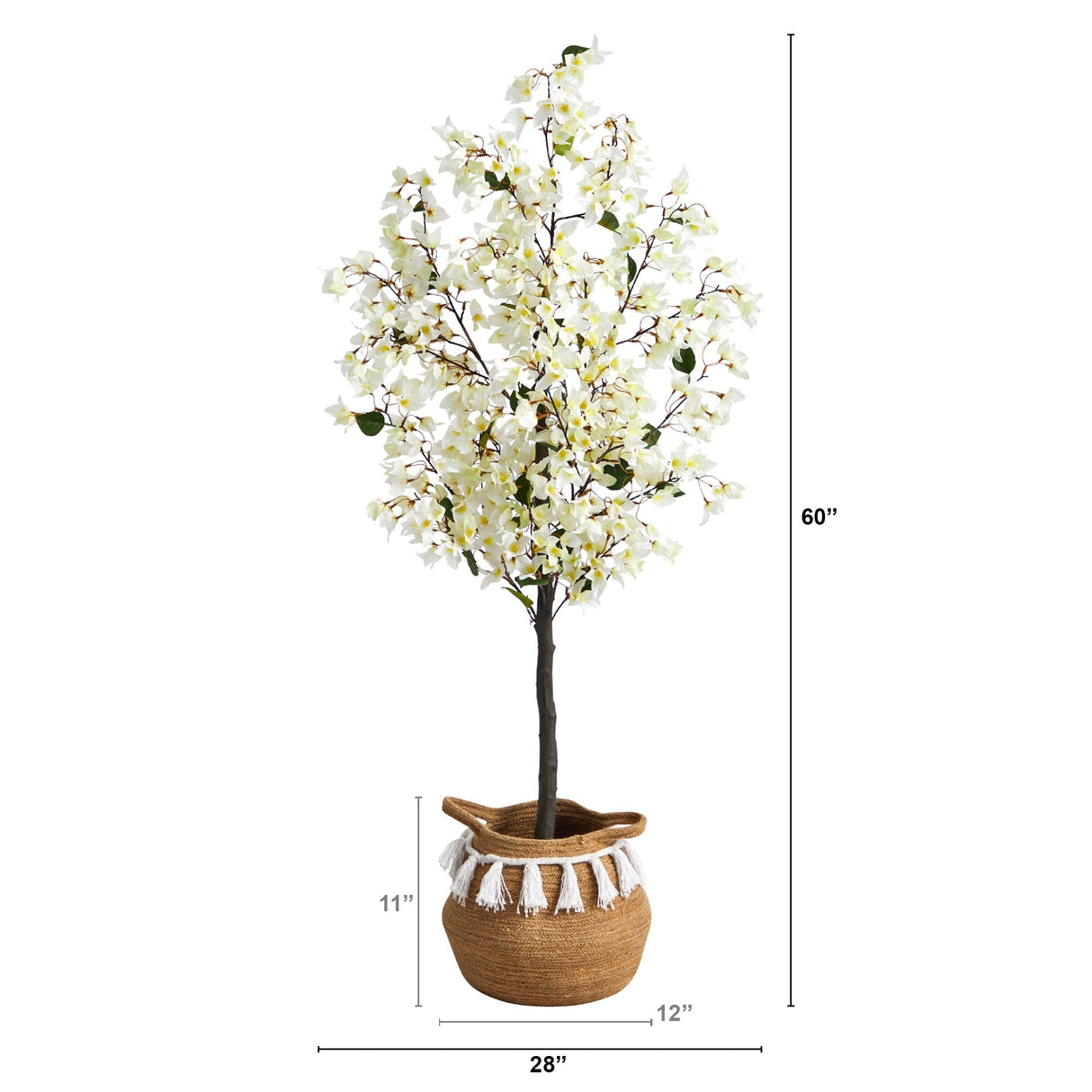 5’ Artificial Bougainvillea Tree with Handmade Jute & Cotton Basket with Tassels-Plant in Planter-Parc Decor