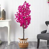 5’ Artificial Bougainvillea Tree with Handmade Jute & Cotton Basket with Tassels-Plant in Planter-Parc Decor