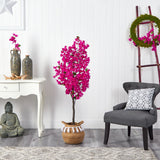 5’ Artificial Bougainvillea Tree with Handmade Jute & Cotton Basket with Tassels-Plant in Planter-Parc Decor