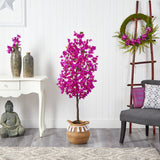 5’ Artificial Bougainvillea Tree with Handmade Jute & Cotton Basket with Tassels-Plant in Planter-Parc Decor