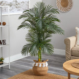 5’ Artificial Double Stalk Golden Cane Palm Tree with Handmade Woven Cotton Basket-Plant in Planter-Parc Decor