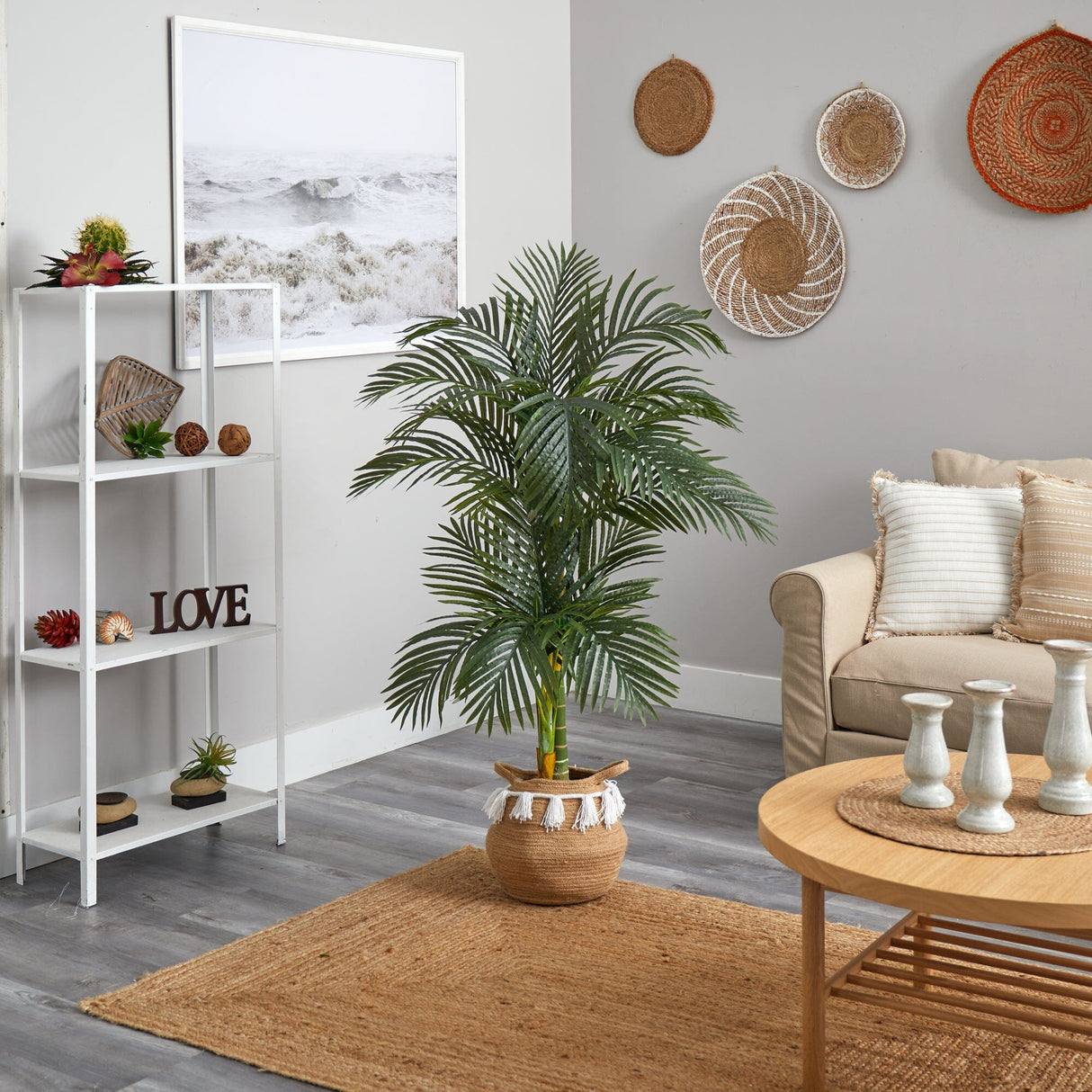 5’ Artificial Double Stalk Golden Cane Palm Tree with Handmade Woven Cotton Basket-Plant in Planter-Parc Decor
