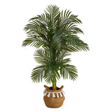 5’ Artificial Double Stalk Golden Cane Palm Tree with Handmade Woven Cotton Basket-Plant in Planter-Parc Decor