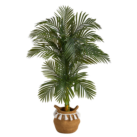 5’ Artificial Double Stalk Golden Cane Palm Tree with Handmade Woven Cotton Basket-Plant in Planter-Parc Decor