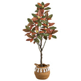 5’ Artificial Fall Magnolia Tree with Handmade Jute & Cotton Basket with Tassels-Plant in Planter-Parc Decor