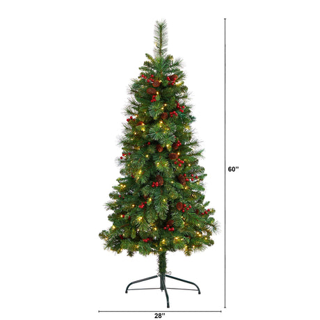 5’ Flat Back Montreal Mountain Artificial Christmas Tree with Pine Cones and Berries-Christmas Tree-Parc Decor