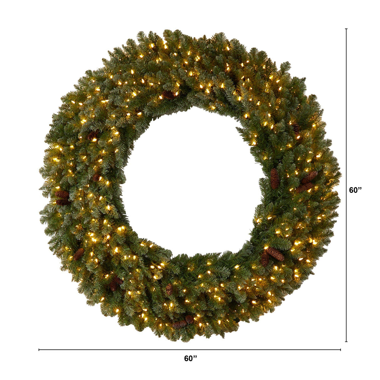 5’ Flocked Artificial Christmas Wreath with Pinecones, 300 Clear LED Lights and 680 Bendable Branches-Wreath-Parc Decor