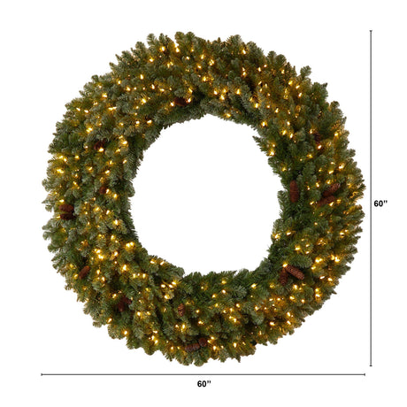 5’ Flocked Artificial Christmas Wreath with Pinecones, 300 Clear LED Lights and 680 Bendable Branches-Wreath-Parc Decor
