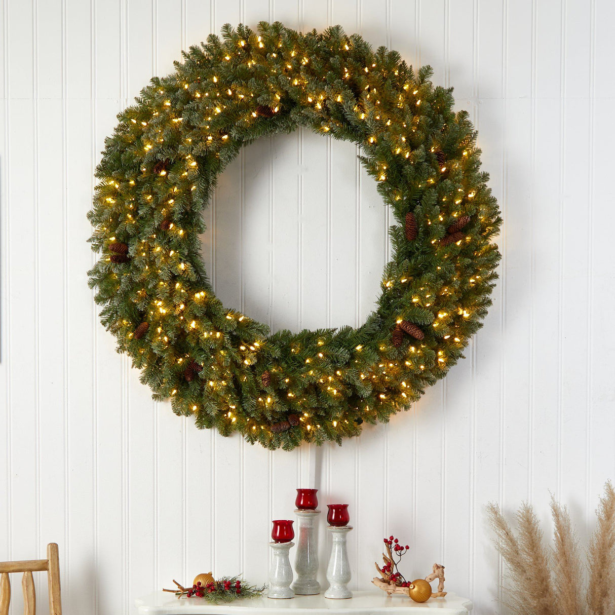 5’ Flocked Artificial Christmas Wreath with Pinecones, 300 Clear LED Lights and 680 Bendable Branches-Wreath-Parc Decor