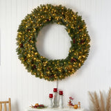 5’ Flocked Artificial Christmas Wreath with Pinecones, 300 Clear LED Lights and 680 Bendable Branches-Wreath-Parc Decor