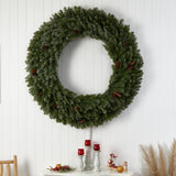 5’ Flocked Artificial Christmas Wreath with Pinecones, 300 Clear LED Lights and 680 Bendable Branches-Wreath-Parc Decor