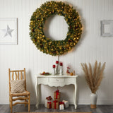5’ Flocked Artificial Christmas Wreath with Pinecones, 300 Clear LED Lights and 680 Bendable Branches-Wreath-Parc Decor