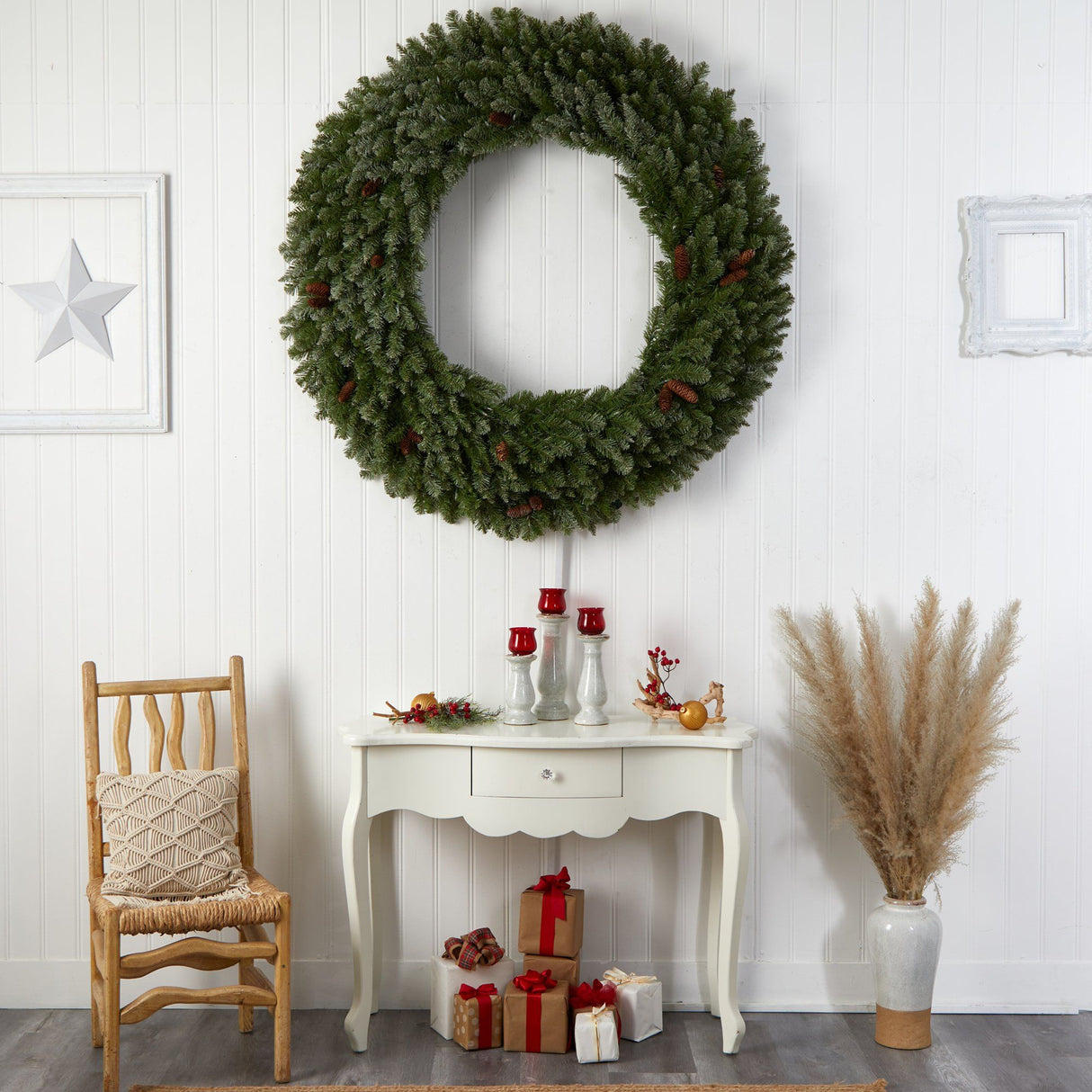 5’ Flocked Artificial Christmas Wreath with Pinecones, 300 Clear LED Lights and 680 Bendable Branches-Wreath-Parc Decor