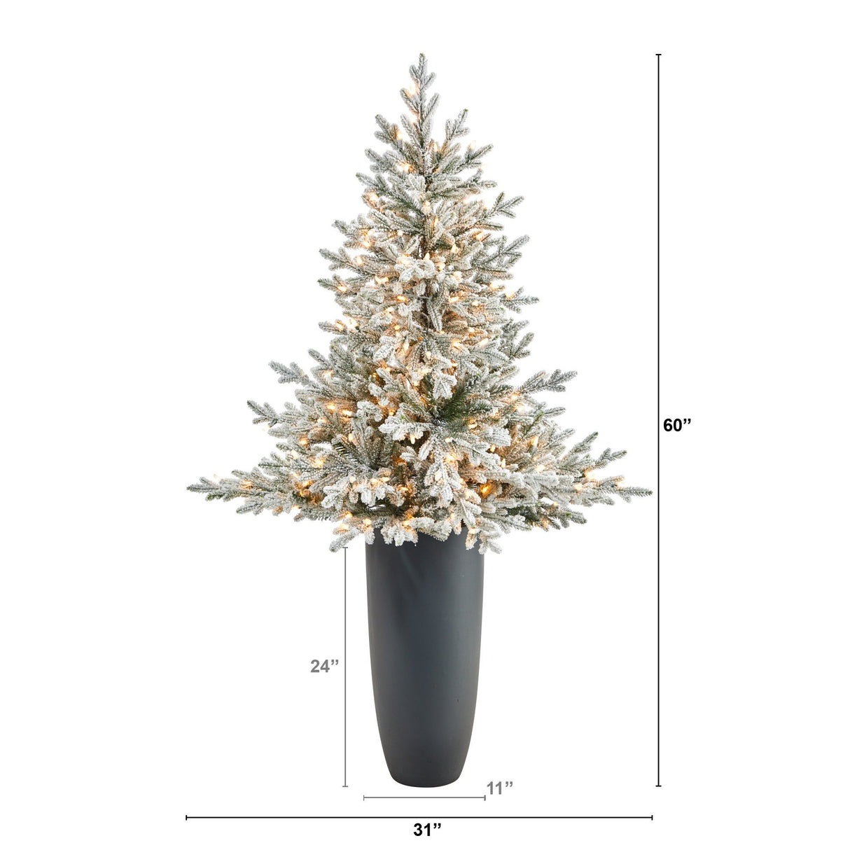 5’ Flocked Fraser Fir Artificial Christmas Tree with 300 Warm White Lights and 967 Bendable Branches in Gray Planter-Christmas Tree-Parc Decor