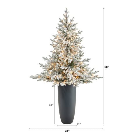5’ Flocked Fraser Fir Artificial Christmas Tree with 300 Warm White Lights and 967 Bendable Branches in Gray Planter-Christmas Tree-Parc Decor