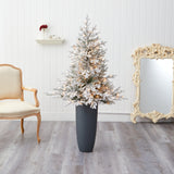 5’ Flocked Fraser Fir Artificial Christmas Tree with 300 Warm White Lights and 967 Bendable Branches in Gray Planter-Christmas Tree-Parc Decor