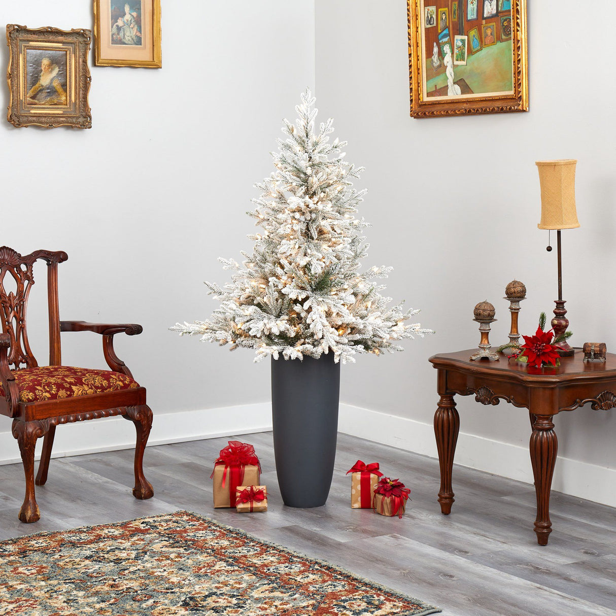 5’ Flocked Fraser Fir Artificial Christmas Tree with 300 Warm White Lights and 967 Bendable Branches in Gray Planter-Christmas Tree-Parc Decor