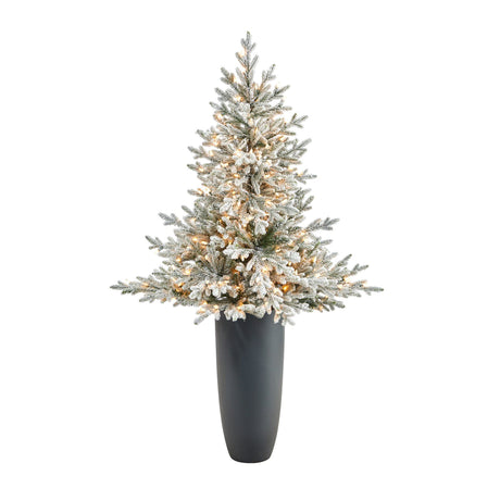 5’ Flocked Fraser Fir Artificial Christmas Tree with 300 Warm White Lights and 967 Bendable Branches in Gray Planter-Christmas Tree-Parc Decor