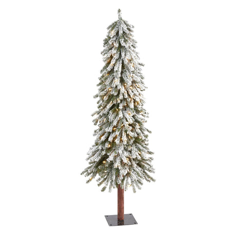 5’ Flocked Grand Alpine Artificial Christmas Tree with 200 Clear Lights and 469 Bendable Branches on Natural Trunk-Christmas Tree-Parc Decor