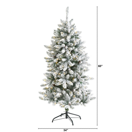 5’ Flocked Livingston Fir Artificial Christmas Tree with Pine Cones and 200 Clear Warm LED Lights-Christmas Tree-Parc Decor