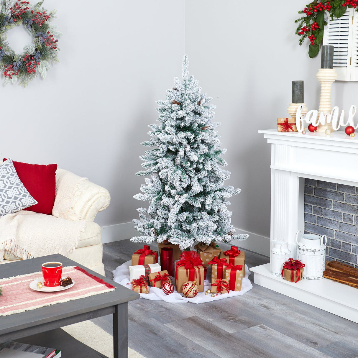 5’ Flocked Livingston Fir Artificial Christmas Tree with Pine Cones and 200 Clear Warm LED Lights-Christmas Tree-Parc Decor