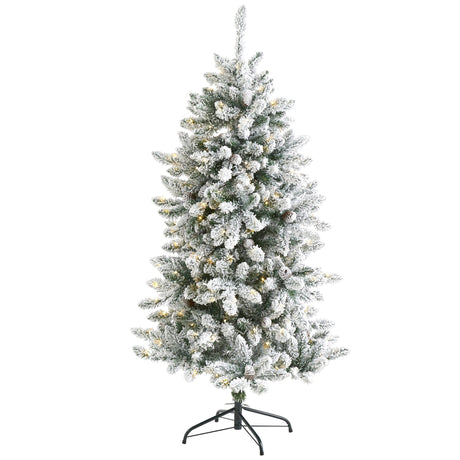 5’ Flocked Livingston Fir Artificial Christmas Tree with Pine Cones and 200 Clear Warm LED Lights-Christmas Tree-Parc Decor