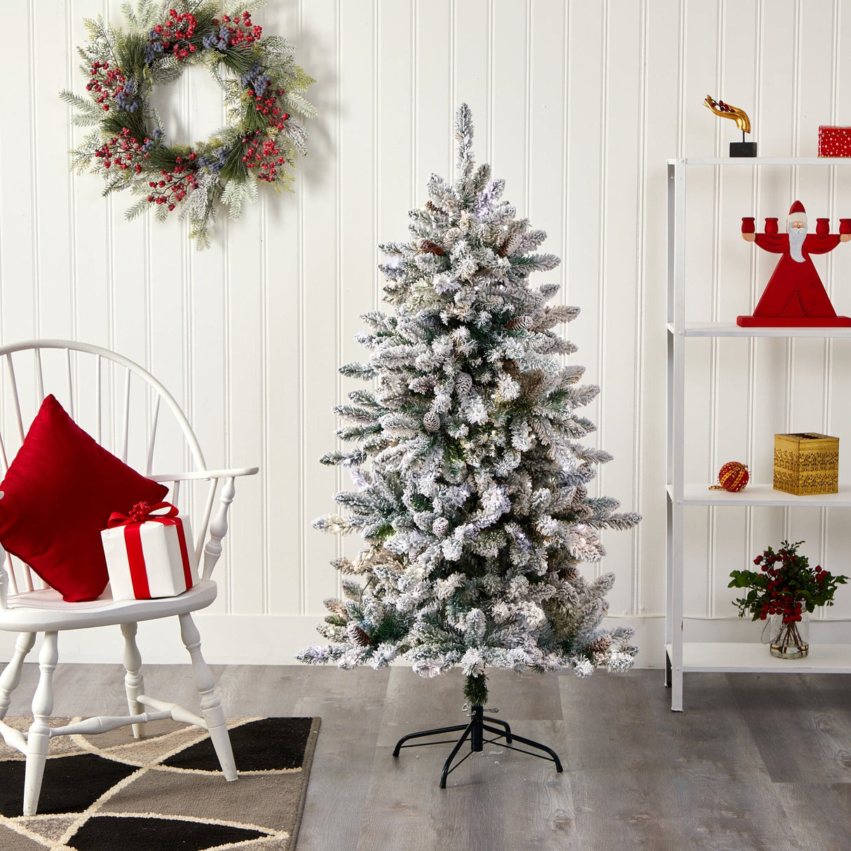 5’ Flocked Livingston Fir Artificial Christmas Tree with Pine Cones and 498 Bendable Branches-Christmas Tree-Parc Decor