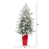 5’ Flocked Manchester Spruce Artificial Christmas Tree with 100 Lights and 357 Bendable Branches in Red Tower Planter-Christmas Tree-Parc Decor