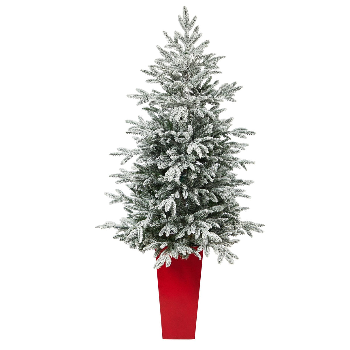 5’ Flocked Manchester Spruce Artificial Christmas Tree with 100 Lights and 357 Bendable Branches in Red Tower Planter-Christmas Tree-Parc Decor